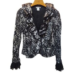 Alberto Makali Black White Abstract Print Ruffle Collar Sleeved Blazer Jacket M